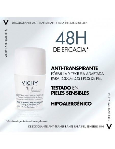 VICHY DESODORANTE BOLA PIEL SENSIBLE O DEPILADA 48H ROLL-ON 50ML anti transpirante